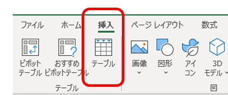 挿入タブのテーブルボタン