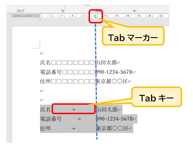 ルーラー上のクリック位置と表示されたL字マーカーの解説